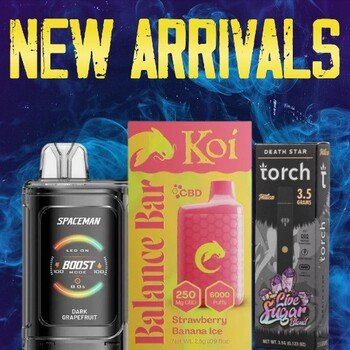 Supplied new arrivals creative displaying several vaping and cannabinoid-related products