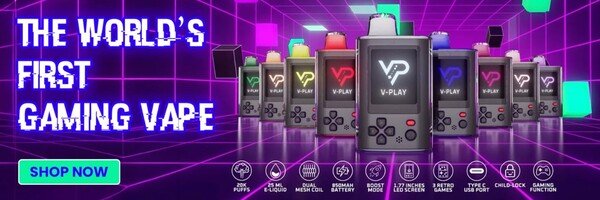 Advertiser-supplied electronic vaping device graphic showing a gaming-inspired screen and colorful device variations